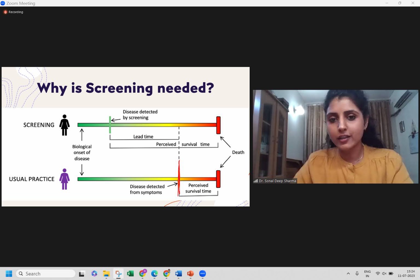 Dr. Sonal presenting on why cancer screening is needed via video conference